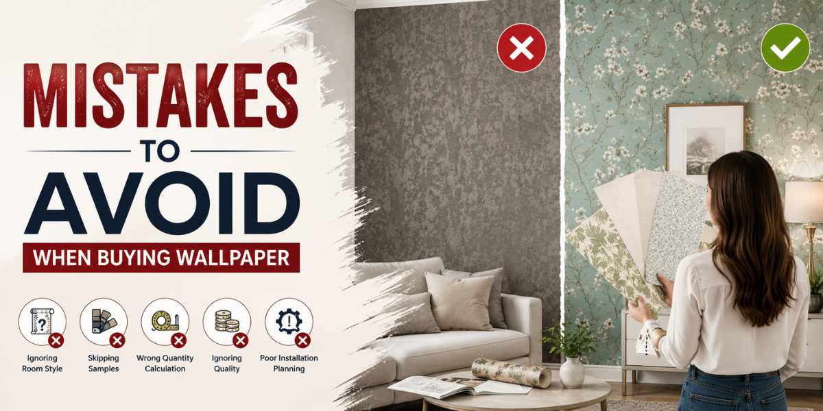 Banner showing mistakes to avoid when buying wallpaper with stylish interior wallpaper comparison