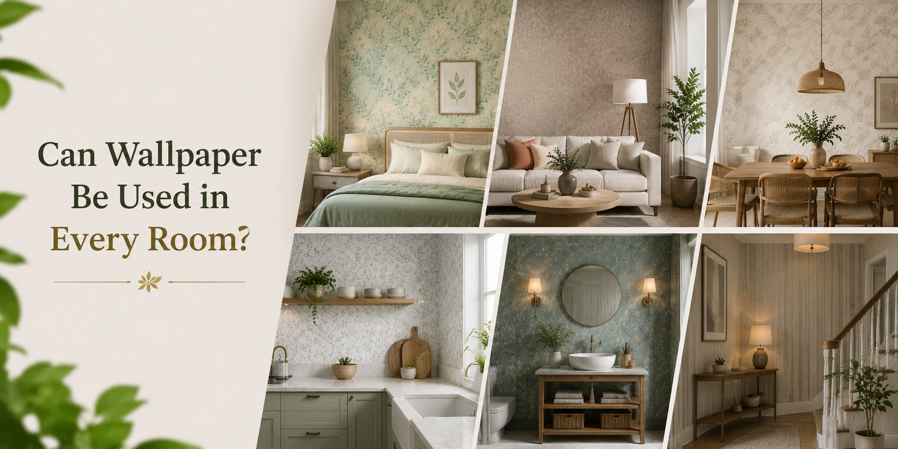 Wallpaper designs used across bedroom, living room, kitchen, bathroom, and hallway interiors.