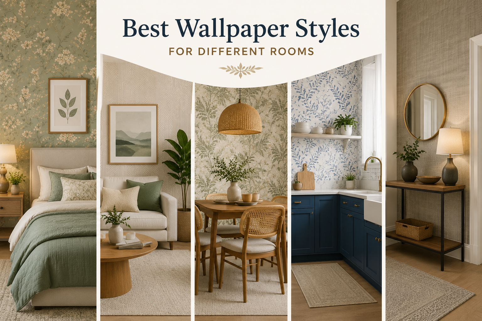 Wallpaper styles for bedroom, living room, dining area, kitchen, and hallway interiors