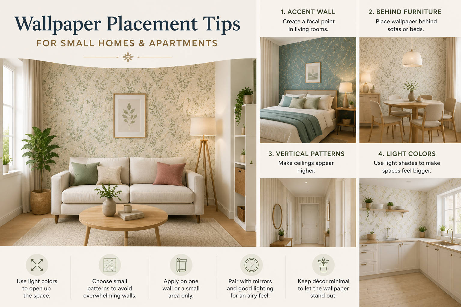 Wallpaper placement ideas for small homes and compact apartment interiors.