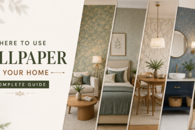 Wallpaper ideas for living room, bedroom, dining area, bathroom, and hallway interiors.