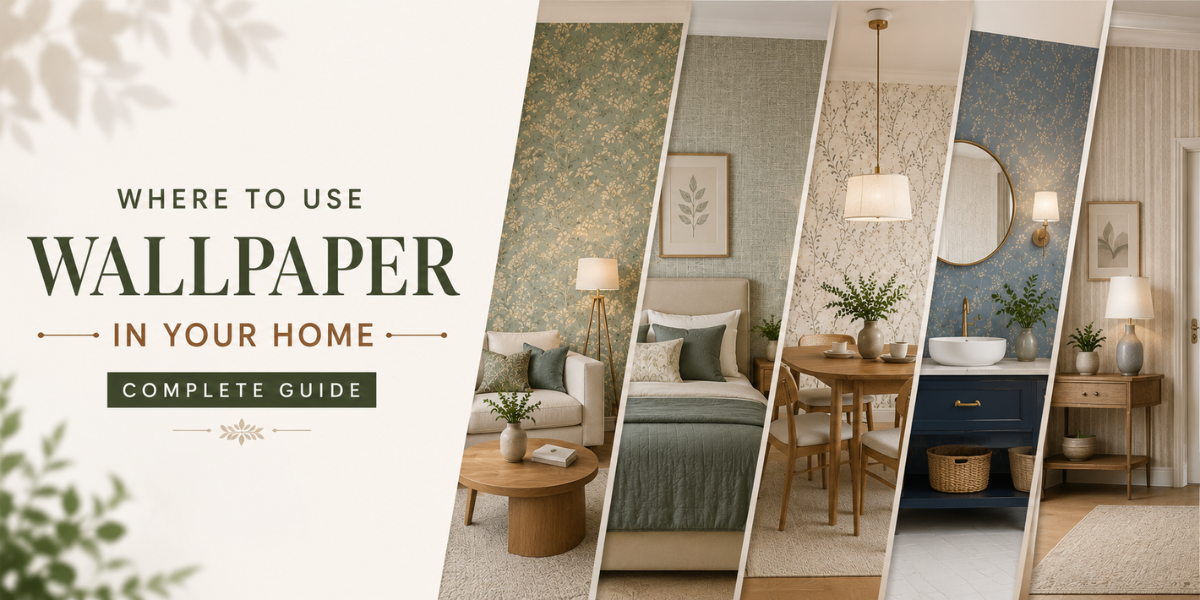 Wallpaper ideas for living room, bedroom, dining area, bathroom, and hallway interiors.