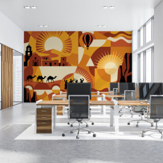 Sunward, Stylized Landscape of Sun and Human Stories Office Mural mockup