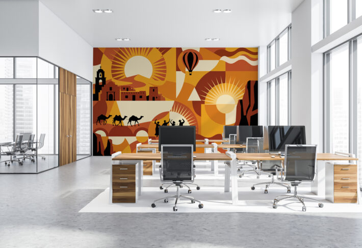 Sunward, Stylized Landscape of Sun and Human Stories Office Mural mockup