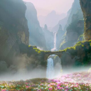 Fairyland, Mystical Grassland Valley with Cascading Waterfalls Mural