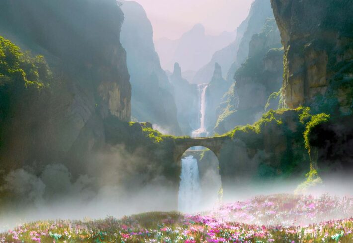 Fairyland, Mystical Grassland Valley with Cascading Waterfalls Mural
