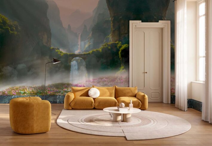 Fairyland, Mystical Grassland Valley with Cascading Waterfalls Mural mockup