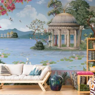 Bougainvillea, Indian Style Lakeside Garden Palace Retreat Wallpaper Mural mockup