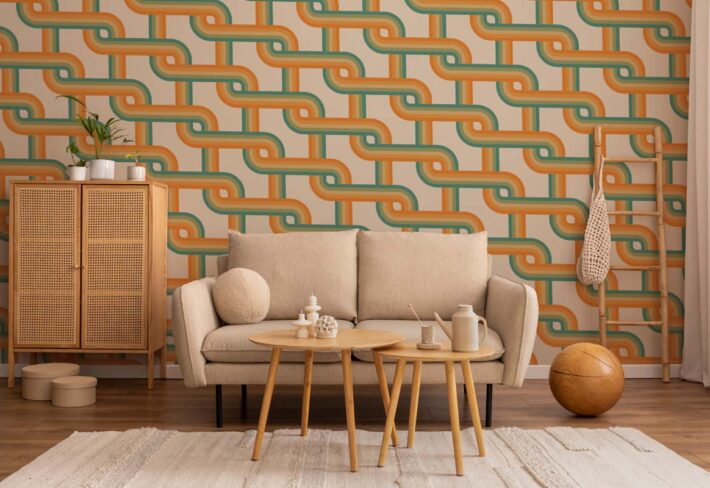 Zyric, Muted Orange Woven Chain Curve Geometric Mural mockup