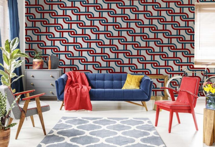 Zyric, Deep Red Woven Chain Curve Geometric Mural mockup