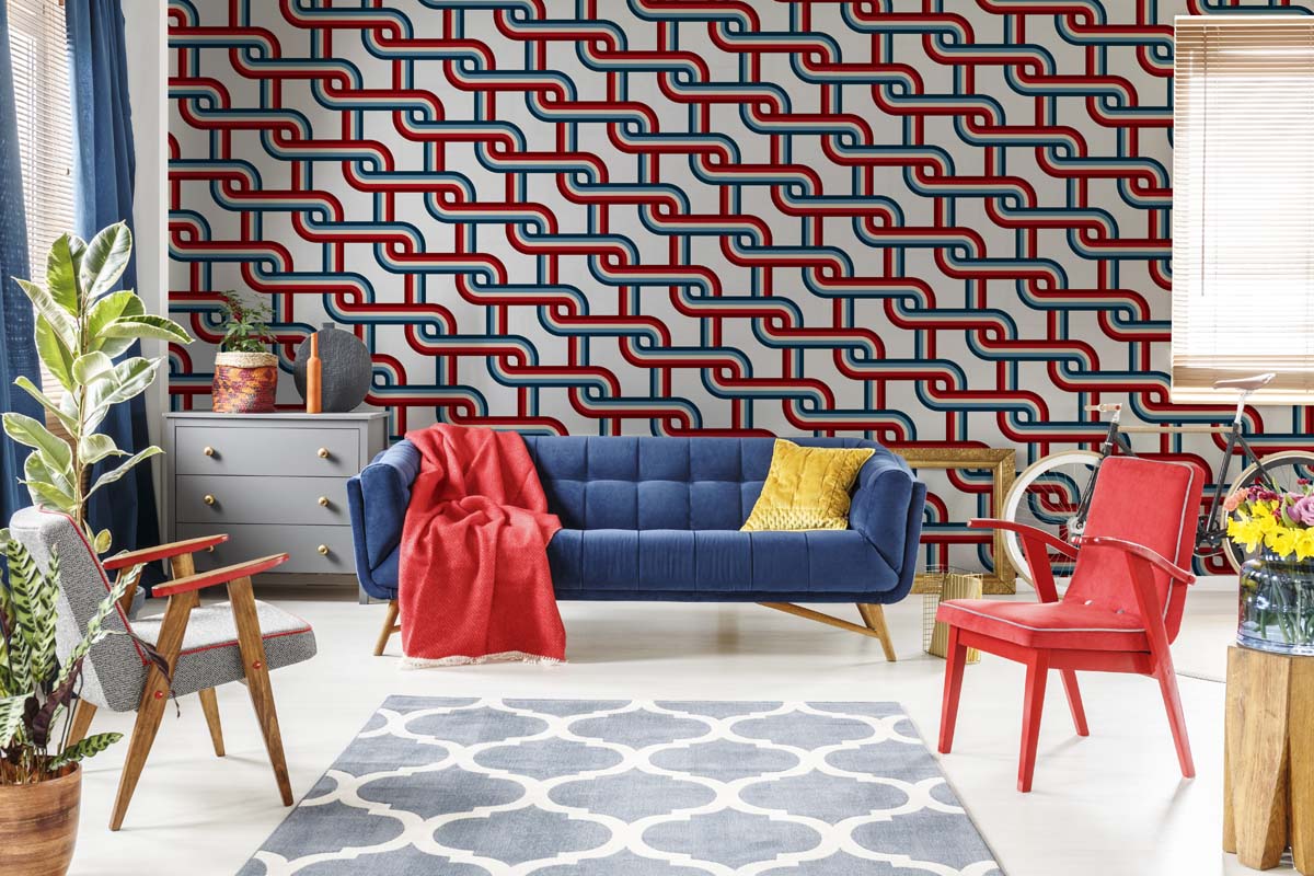 Zyric, Deep Red Woven Chain Curve Geometric Mural mockup