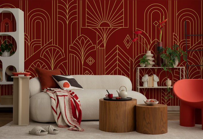 Decora, Red Gold Art Deco Vintage Glamour Mural mockup