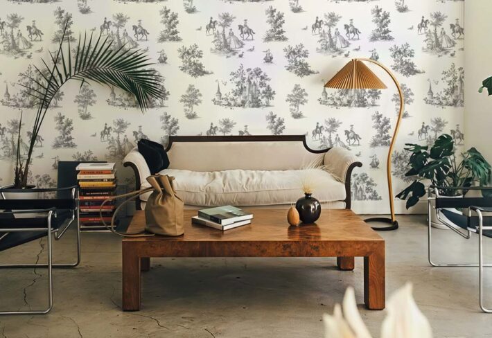 Toile, Charcoal Grey French Pastoral Wallpaper mockup