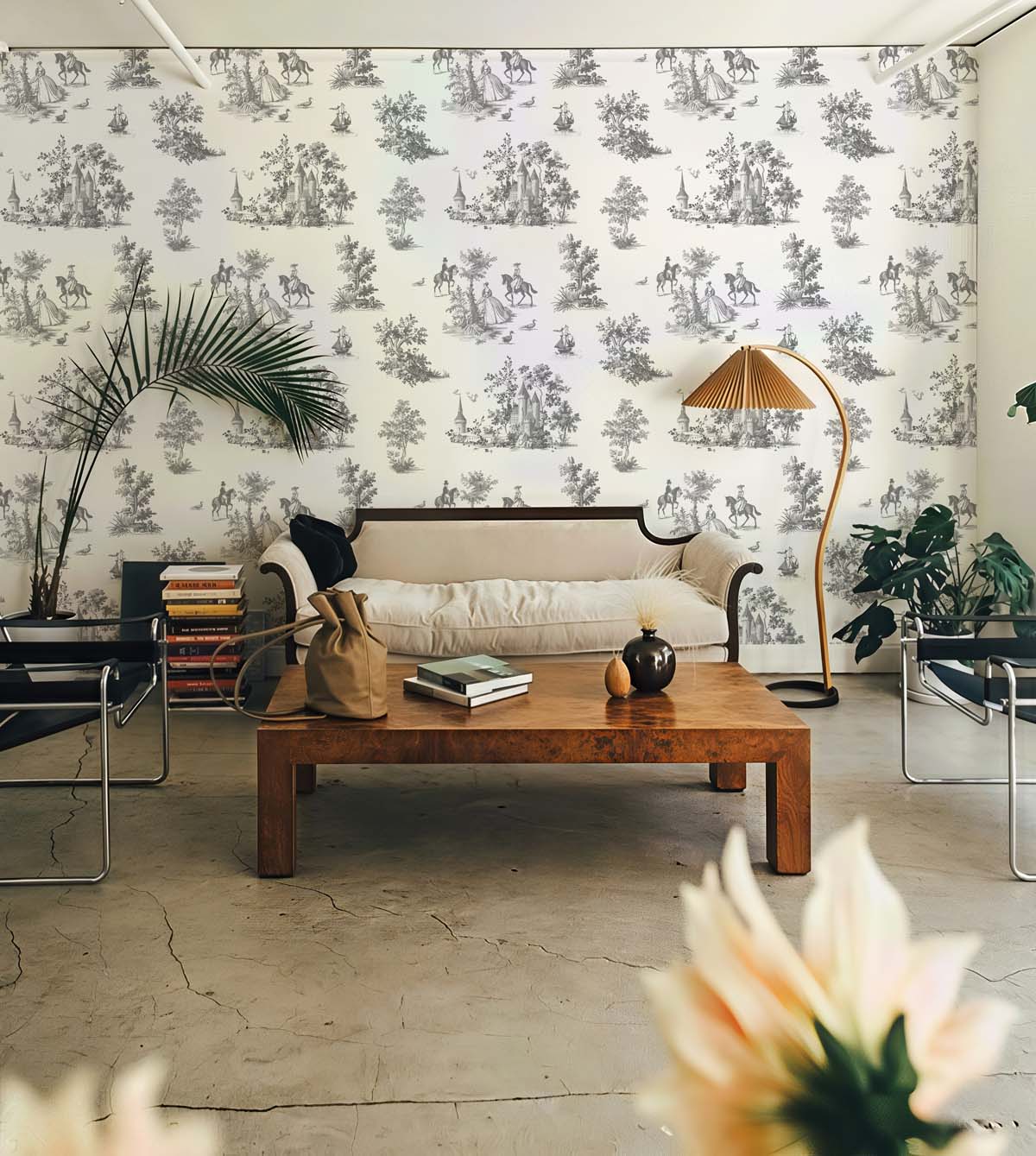 Toile, Charcoal Grey French Pastoral Wallpaper mockup