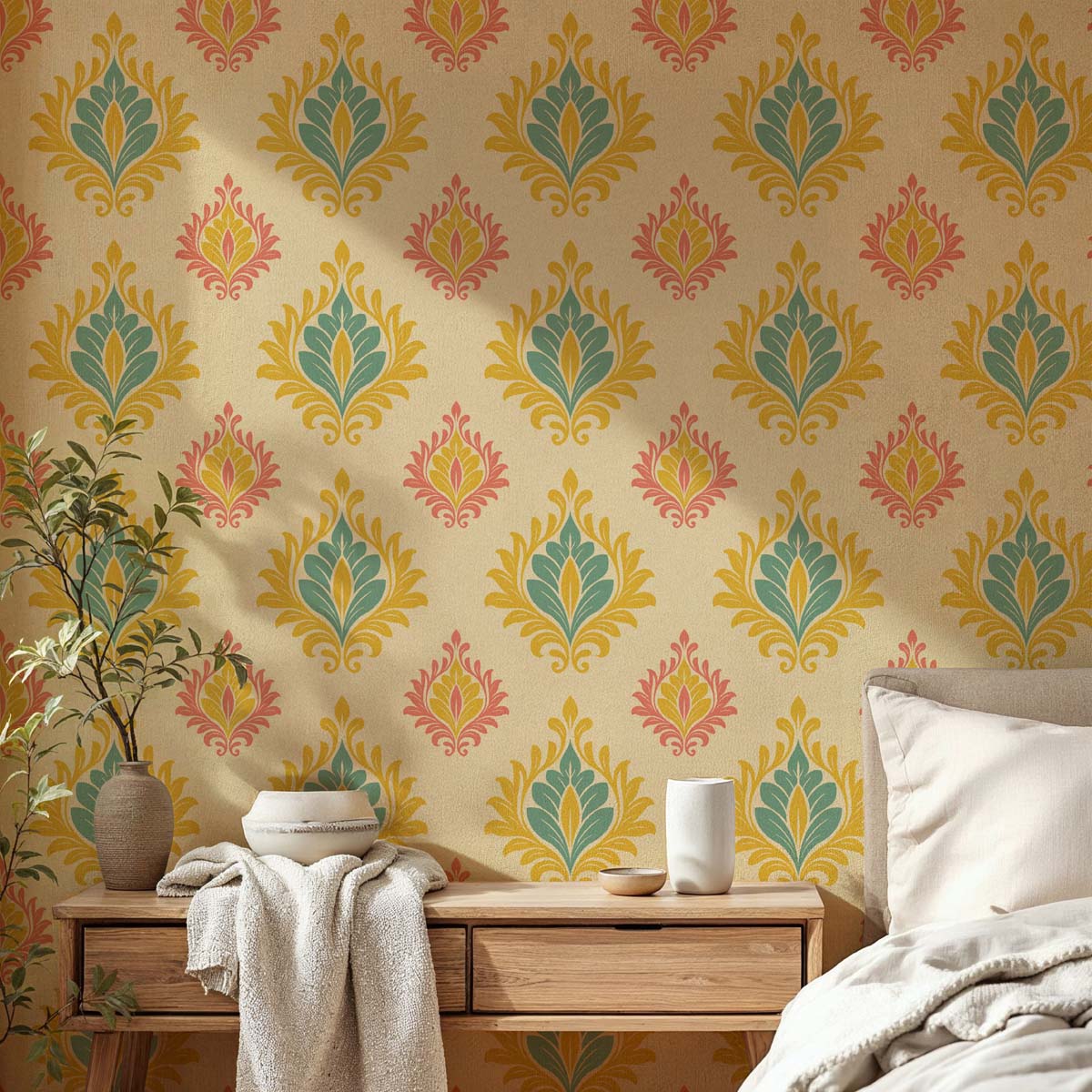 Primelle, Delicate Damask Motifs Soft Bloom Symphony Wallpaper mockup