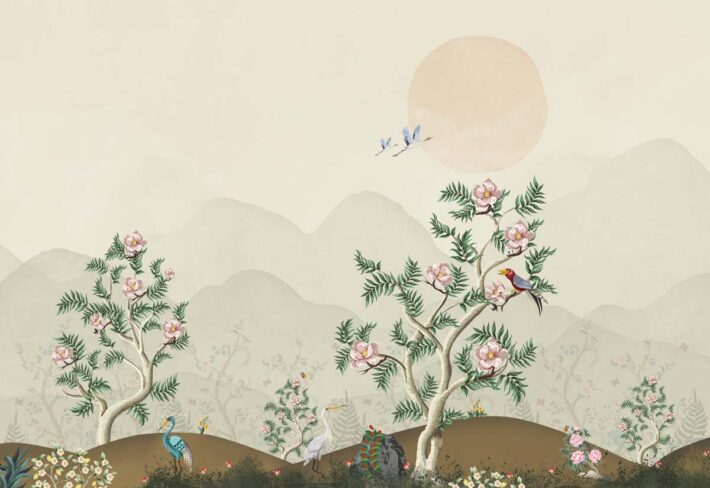 Zenith, Peaceful Asian Chinoiserie Landscape at Sunrise Mural