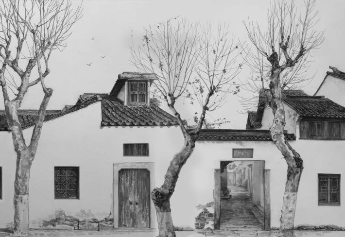 Calligraphy, Ash Grey Courtyard Scene Mural