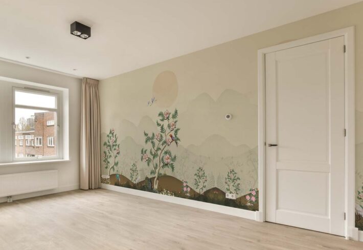 Zenith, Peaceful Asian Chinoiserie Landscape at Sunrise Mural mockup