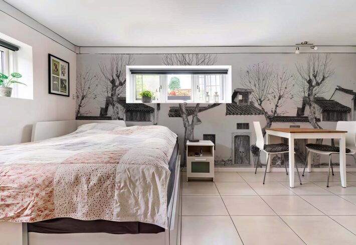 Calligraphy, Ash Grey Courtyard Scene Mural mockup
