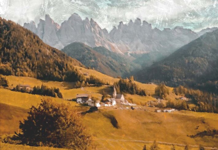 Valle, Artistic Oil Painting of An Alpine Village Mural