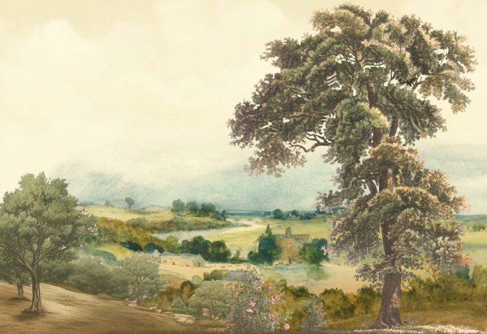 Pastoral, Timeless Mid Century English Countryside Painting Mural