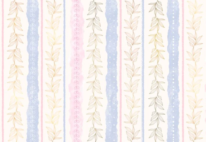 Stripelle, Whimsical Leaf-lined Stripes in Blush and Blue Wallpaper