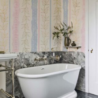 Stripelle, Whimsical Leaf-lined Stripes in Blush and Blue Wallpaper mockup