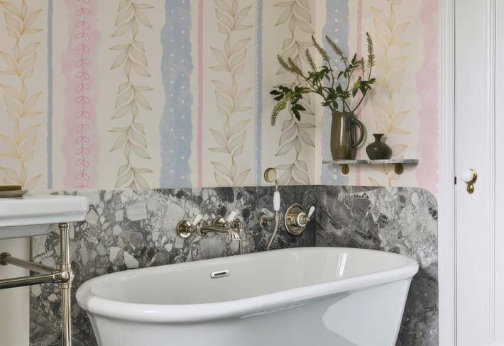 Stripelle, Whimsical Leaf-lined Stripes in Blush and Blue Wallpaper mockup