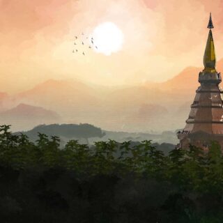 Sunsora, Tranquil Pagoda Sunrise in Forest Wallpaper Mural
