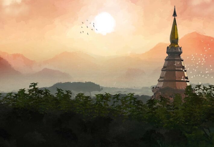 Sunsora, Tranquil Pagoda Sunrise in Forest Wallpaper Mural