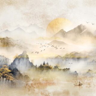 Zenscape, Peaceful Mountainous Retreat at Sunrise Wallpaper Mural