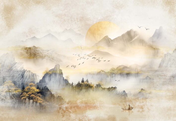 Zenscape, Peaceful Mountainous Retreat at Sunrise Wallpaper Mural