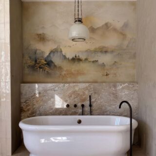 Zenscape, Peaceful Mountainous Retreat at Sunrise Wallpaper Mural mockup