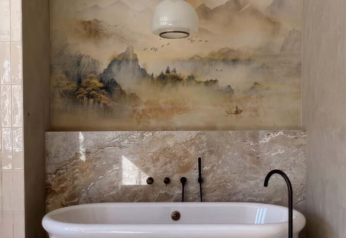 Zenscape, Peaceful Mountainous Retreat at Sunrise Wallpaper Mural mockup
