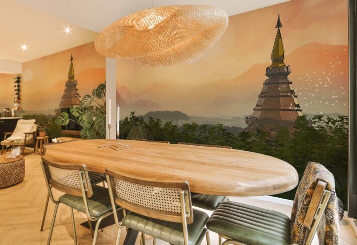 Sunsora, Tranquil Pagoda Sunrise in Forest Wallpaper Mural mockup