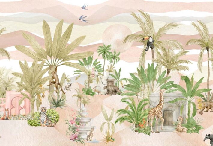 Deserra, Soft Safari Scene in A Pastel Oasis Wallpaper