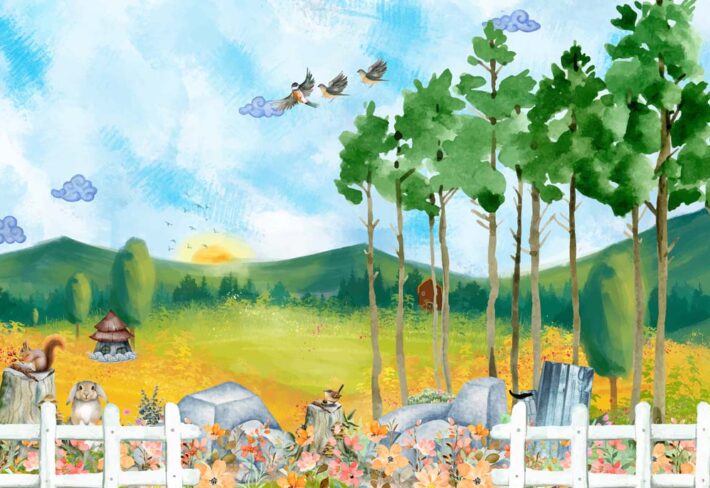 Frostel, Cheerful Forest Morning with Furry Friends Mural