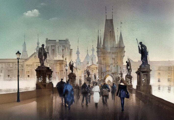 Everglen, Watercolor-Style Charles Bridge Scene Mural