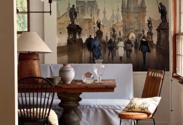 Everglen, Watercolor-Style Charles Bridge Scene Mural mockup