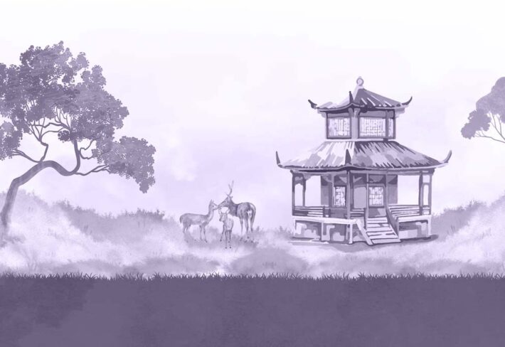 Oriental Pagoda, Lavender Deer Landscape Mural