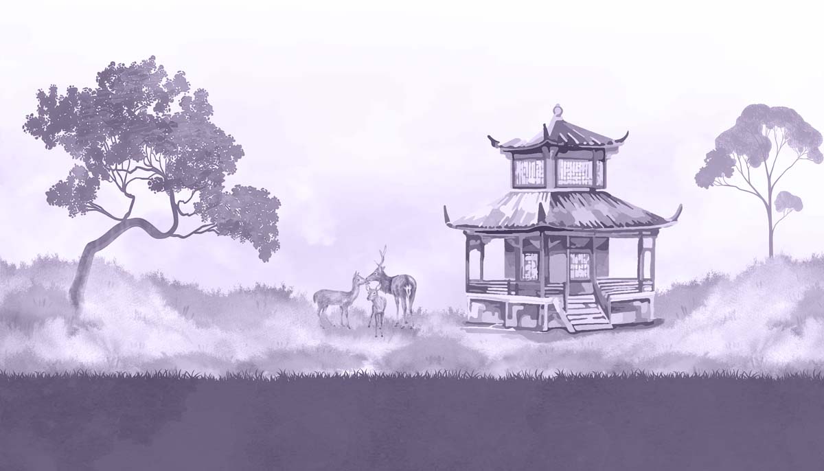 Oriental Pagoda, Lavender Deer Landscape Mural