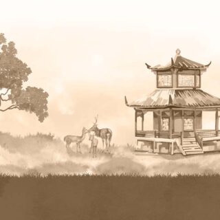 Sepia, Oriental Pagoda Deer Landscape Wallpaper