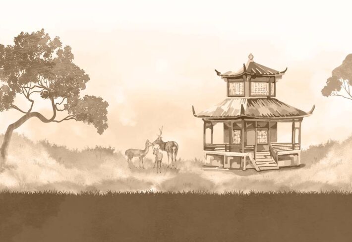 Sepia, Oriental Pagoda Deer Landscape Wallpaper
