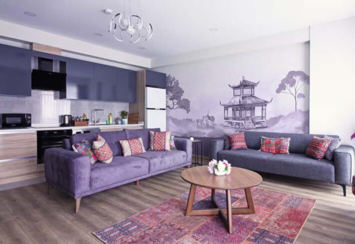 Oriental Pagoda, Lavender Deer Landscape Mural mockup