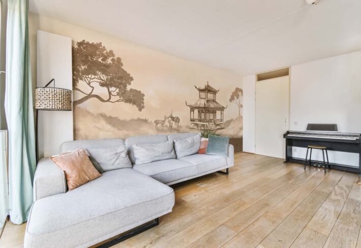 Oriental Pagoda, Sepia Deer Landscape Mural mockup