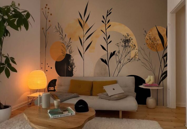 Aura, Ochre & Marigold Abstract Botanical Mural mockup