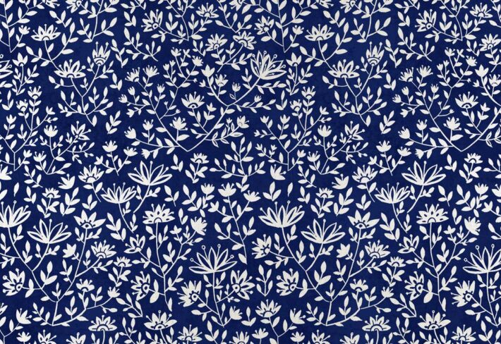 Lunar Bloom, Blue Folk Floral Wallpaper