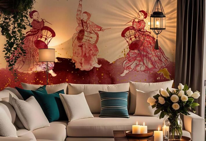 Serenity, Elegant Korean Dance Art Wallpaper Mural mockup