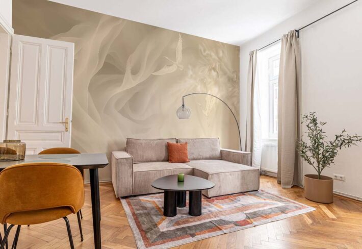 Ethereal Flight, Cream Fabric & Crane Wallpaper Mural mockup