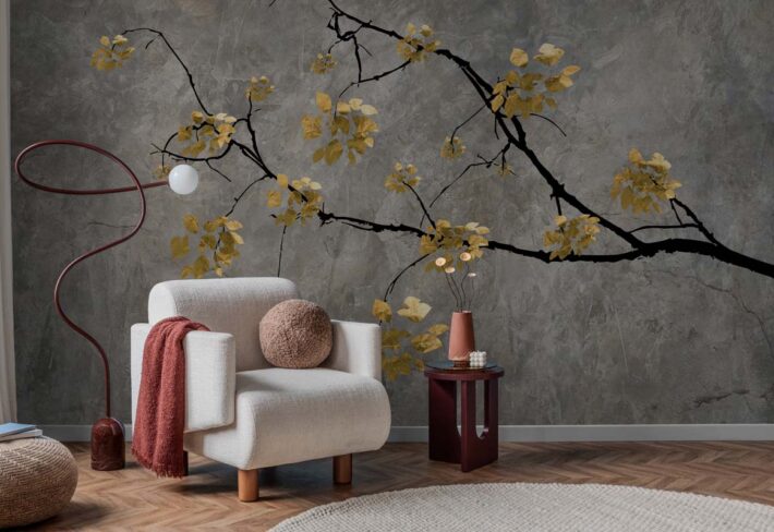 Verde, Minimalist Nature Charm with Gold Leaf Accents Wallpaper Mural mockup